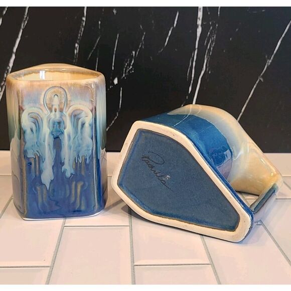 Padilla Set of (2) 4¼" Drip Glazed Blue/Beige Stoneware Mugs Unique Signed EUC - Picture 15 of 15